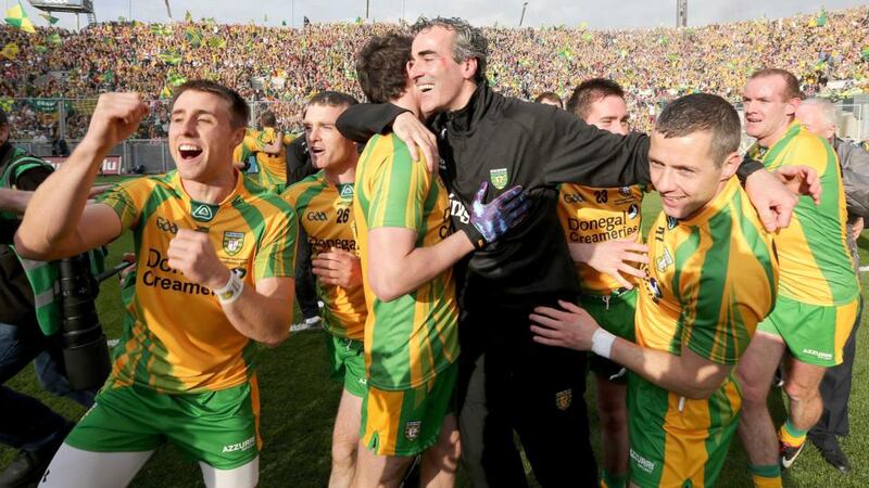 Then Donegal manager Jim McGuinness celebrates with his players after winning the Sam Maguire in 2012. File photograph: Inpho