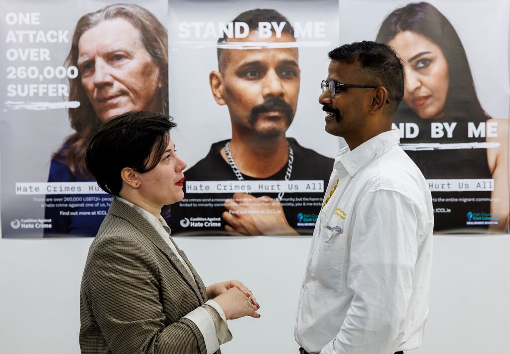 Luna Lara Liboni, chair of the Coalition Against Hate Crime, with Pradeep Mahadeshwar at the launch of the report. Photograph: Andres Poveda