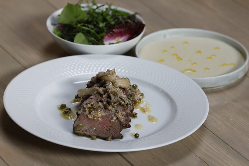 Loin of wild Wicklow venison, Killruddery Jerusalem artichoke, Ashford oyster mushroom and caper dressing, at The Grain Store, Kilruddery House. Photograph: Nick Bradshaw