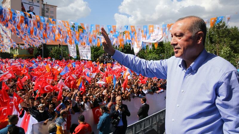 Turkish president Recep Tayyip Erdogan greeting the crowd at an election campaign rally of his AK Party in Isparta, Turkey, on May 27th, 2018. Photograph:  Presidential Press Office/EPA