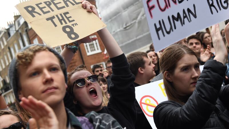 Protesters hold up placards during a London March for Choice on Saturday, calling for the legalisation of abortion in Ireland. Photograph: Chris J Ratcliffe/AFP/Getty Images