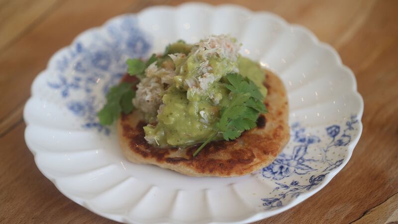 Fluffy crab and avocado flatbreads. Photograph: Nick Bradshaw