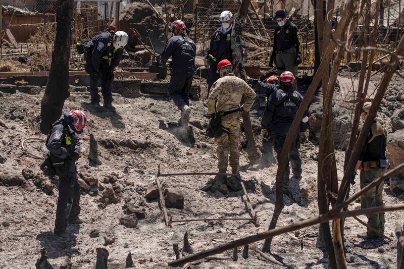 Search and rescue team members work in the area devastated by the wildfire (Jae C Hong/ AP)