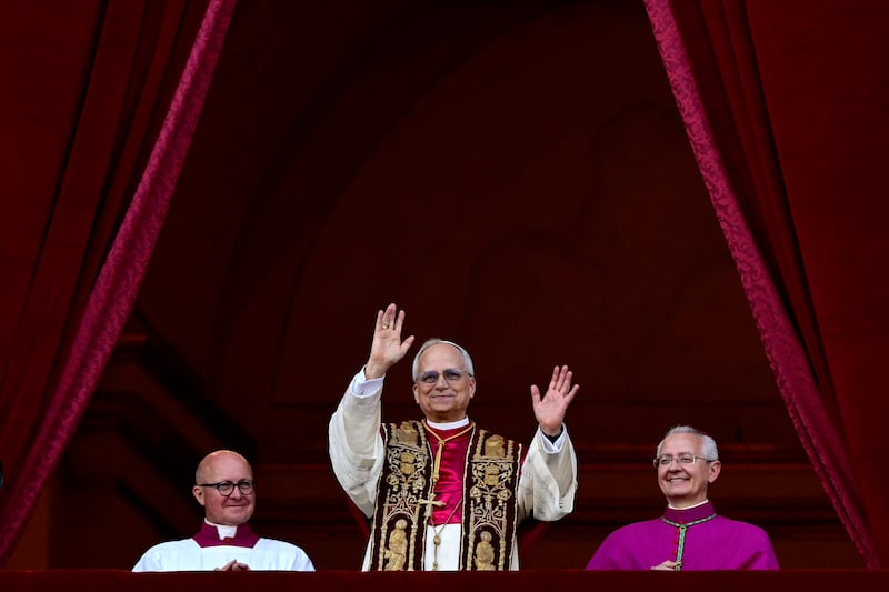 Newly elected Pope Leo XIV, Robert Prevost, arrives on the main central loggia balcony of St Peter's Basilica for the first time. Photo: Getty Images