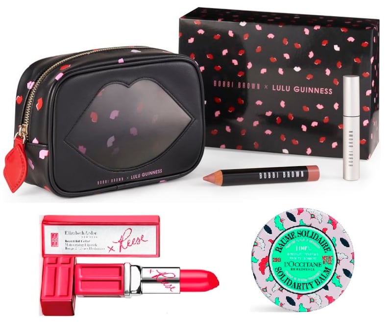 Bobbi Brown x Lulu Guinness set (€45 at Brown Thomas); Elizabeth Arden lipstick (€26 at counters nationwide); and L’Occitane Solidarity Balm (€6 at L’Occitane stores nationwide