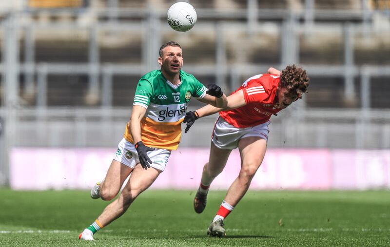 Offaly's Anton Sullivan with Dan Corcoran of Louth. London haven't been able recreate their solid form from last season, so Offaly should expect a win at O'Connor Park on Sunday. Photograph: Evan Treacy/Inpho
