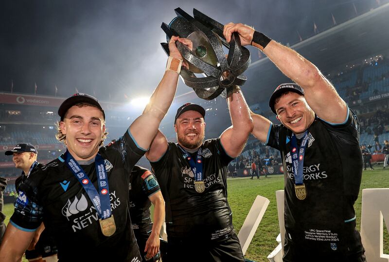 Glasgow Warriors' Josh McKay, Zander Fagerson and Seb Cancelliere after beating Bulls in URC final. Photograph: Dan Sheridan/Inpho