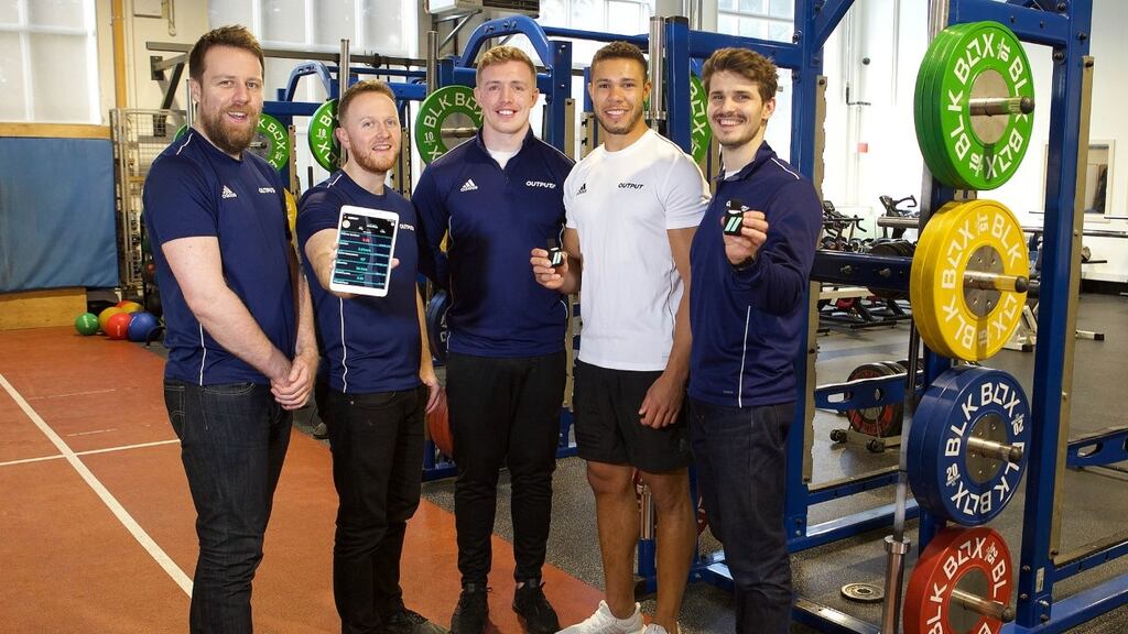Dr Darragh Whelan, Dr Martin O’Reilly, and Julian Eberle of Output Sports  with Leinster Rugby players Dan Leavy and Adam Byrne.