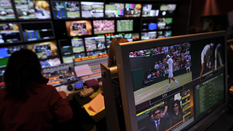 The BBC television edit suite showing all the tennis courts in play. Photograph:  Carl De Souza/AFP/Getty Images