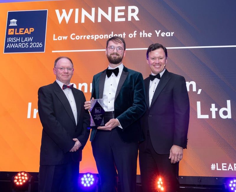 Richard Hammond, solicitor and partner at Hammond Good and chair of the judging panel of the Leap Irish Law Awards; Connor Beaton, former editor of Irish Legal News; and Anton Savage, MC of the night. Photograph: Paul Sherwood
