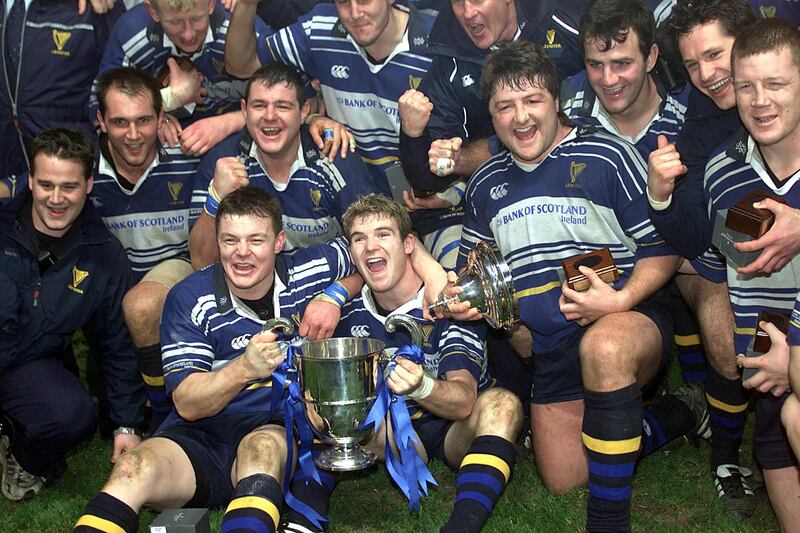 The Leinster team celebrate with the trophy following the Celtic League final on December 15th, 2001. Photograph: Patrick Bolger/Inpho