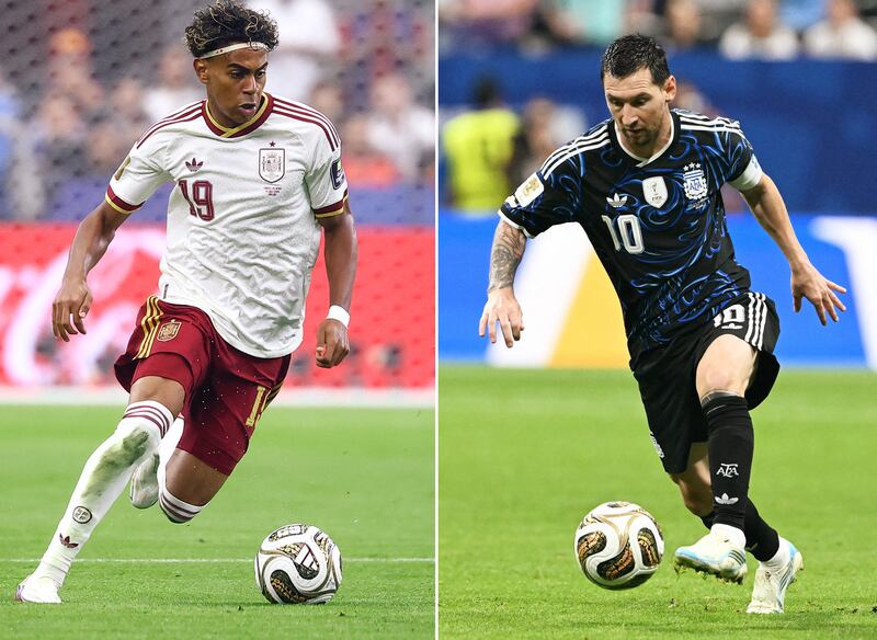 Spain's Lamine Yamal and Argentina's Lionel Messi. Photograph: Charly Triballeau and Roberto Schmidt/AFP via Getty Images