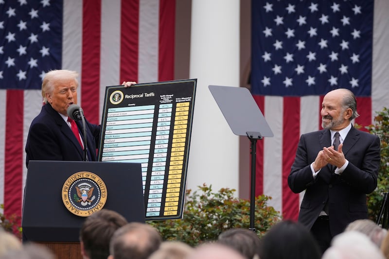 Donald Trump, left, announces his 'Liberation Day' import tariffs plan at the White House in April. Photograph: Mark Schiefelbein/AP