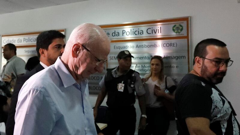 Pat Hickey at a police station in Rio de Janeiro, Brazil, on Tuesday afternoon. Photograph: Ricardo Moraes/Reuters