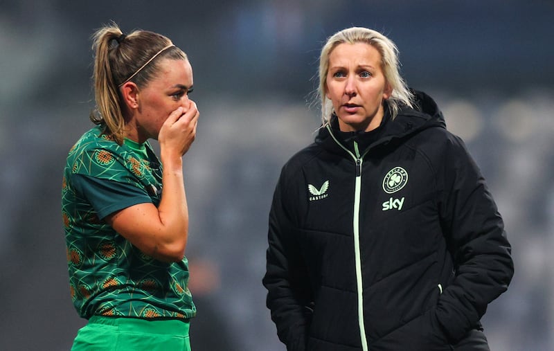 Women's Nations League, Bonifka Stadium, Koper, Slovenia, last Febuary: Ireland head coach Carla Ward with Katie McCabe before the game. Photograph: Ryan Byrne/Inpho