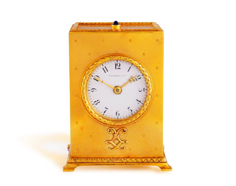 Late 19th century French gold and sapphire desk clock, Adam's