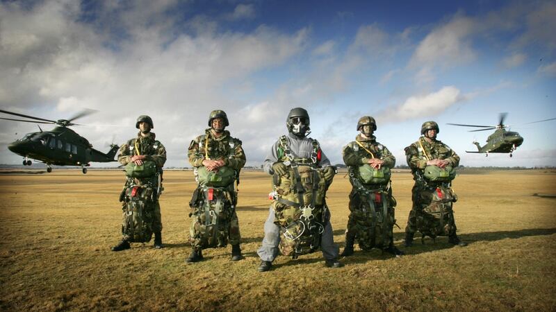 The Army Rangers Wing’s   freefall jumpers in front of an AW139 Helicopter at the Curragh Camp. Photograph: Alan Betson