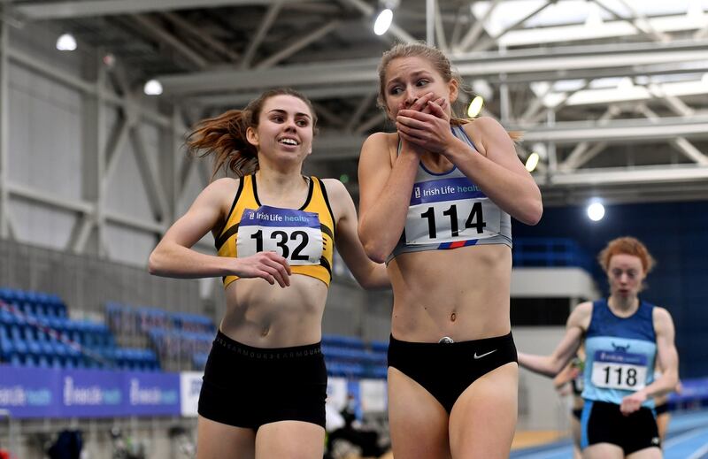 Georgie Hartigan (centre), after a race with Louise Shanahan in 2021. Photograph: Sam Barnes/Sportsfile