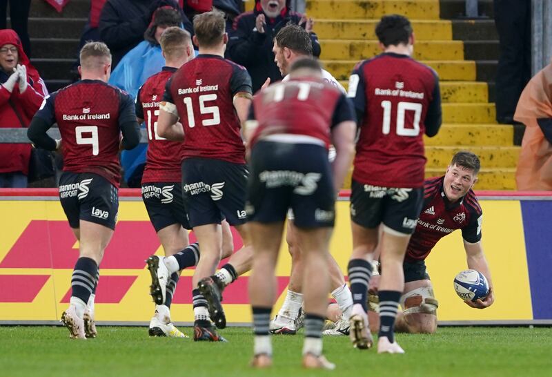 Munster's Jack O'Donoghue celebrates scoring his side's second try against Northampton at Thomond Park. Photograph: PA