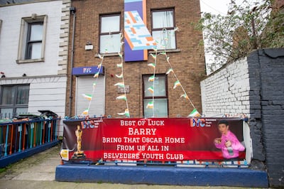 A sign wishing former Belvedere Youth Club member Barry Keoghan luck in the Oscars, at the club on Buckingham Street Lower.
Photograph: Tom Honan