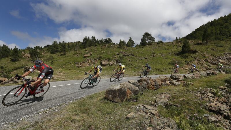 The overall leader, Italian Fabio Aru of Italy  in action during the 13th stage of the 104th edition of the Tour de France cycling race over 101km between Saint-Girons and Foix, France on Friday. Photograph: Guillaume Horcajuelo/EPA