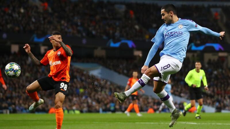 Manchester City’s Ilkay Gündogan scores against  Shakhtar Donetsk during the  Champions League Group C match at the  Etihad Stadium. Photograph: Michael Steele/Getty Images