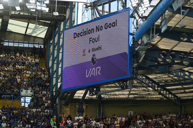 Eberechi Eze thought he had given Crystal Palace the lead against Chelsea but VAR ruled the goal out for an infringement by Marc Guehi. Photograph: Justin Tallis/AFP via Getty Images