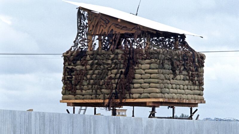 A lookout post and fortifications at the Long Kesh detention centre near Lisburn, Co Antrim in June 1972. Photograph:  Alain Le Garsmeur/Getty Images