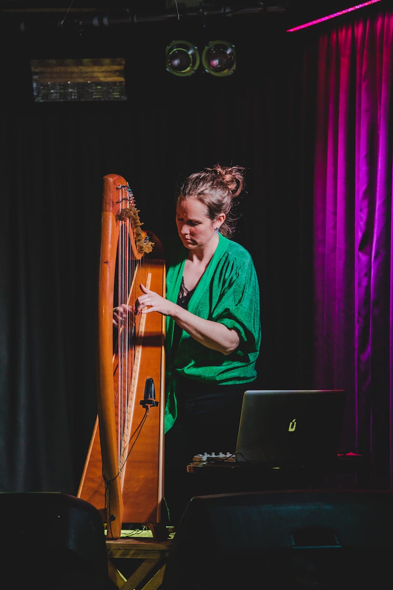Harpist, composer and sound engineer playing harp