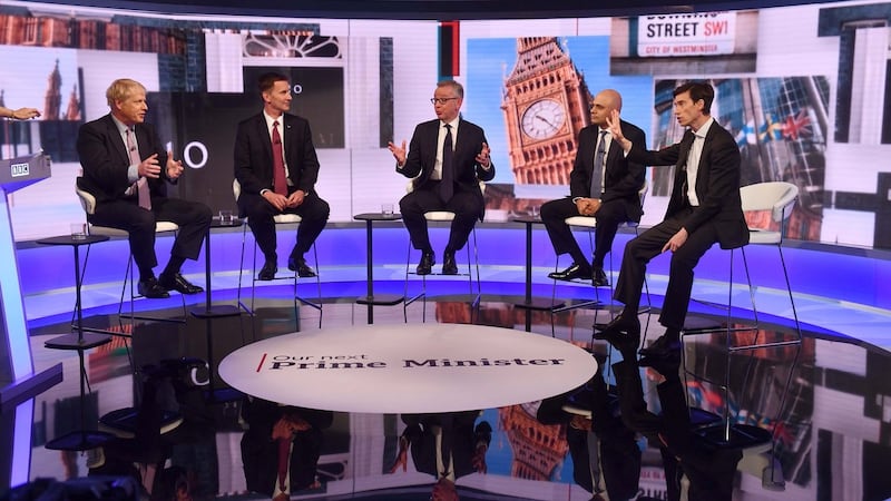 Conservative party leadership contenders Boris Johnson, Jeremy Hunt, Michael Gove, Sajid Javid and Rory Stewart appear on BBC TV’s debate. Photograph: Jeff Overs/BBC/via Reuters