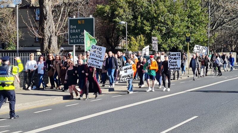 Protesters walking  from RTÉ in Donnybrook towards Dublin city on Wednesday afternoon. Photograph: Conor Lally