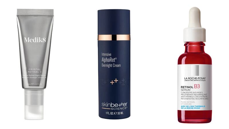 Medik8 Crystal Retinal 3; Skinbetter Science AlphaRet Overnight Cream; and La Roche-Posay Retinol B3 Serum