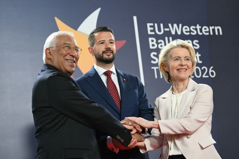 European Council president Antonio Costa, Montenegro president Jakov Milatović and European Commission president Ursula von der Leyen in Tivat, Montenegro, earlier this month. Photograph: Savo Prelevic/AFP/Getty