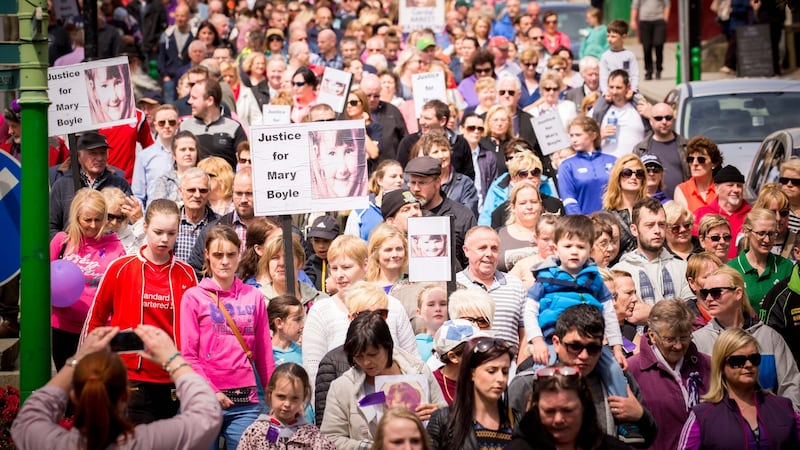 A large crowd of people attending a march in July of this year aimed at highlighting the disappearance of Mary Boyle in Ballyshannon, Donegal. File photograph: James Connolly