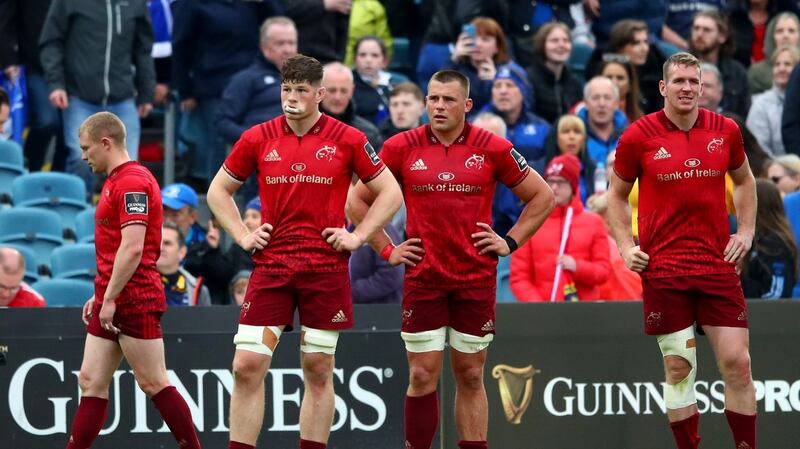 Munster’s Keith Earls, Jack O’Donoghue, CJ Stander and Chris Farrell dejected at the final whistle of the Guinness Pro 14 semi-final against Leinster at the  RDS. Photograph: James Crombie/Inpho