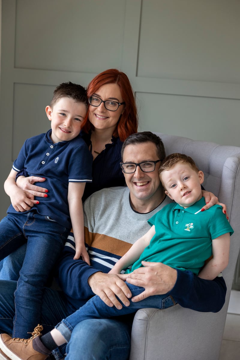 Mark Moore with his family. The home treatment he has been on since the end of 2021 is peritoneal dialysis, in which cleansing fluid is washed in and out through a tube inserted through the lining of the abdomen as he sleeps. 'I took to it like a duck to water.' Photograph: Tom Honan/The Irish Times
