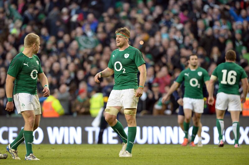 Jamie Heaslip, at the final whistle after beating Scotland in the 2014 Six Nations. Photograph:  Eric Luke