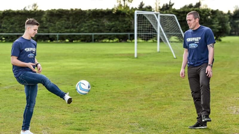 Richard Dunne (left) with Republic of Ireland under-21 player Luke Byrne at the launch of Ford’s ‘Swappage’ offer yesterday.