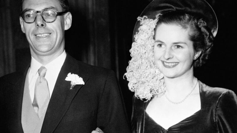 Margaret Thatcher’s wedding outfit  –  midnight blue velvet dress, blue velvet soft brimmed cap with a curled pink ostrich feather and a blue velvet muff – is estimated at £10,000-£15,000