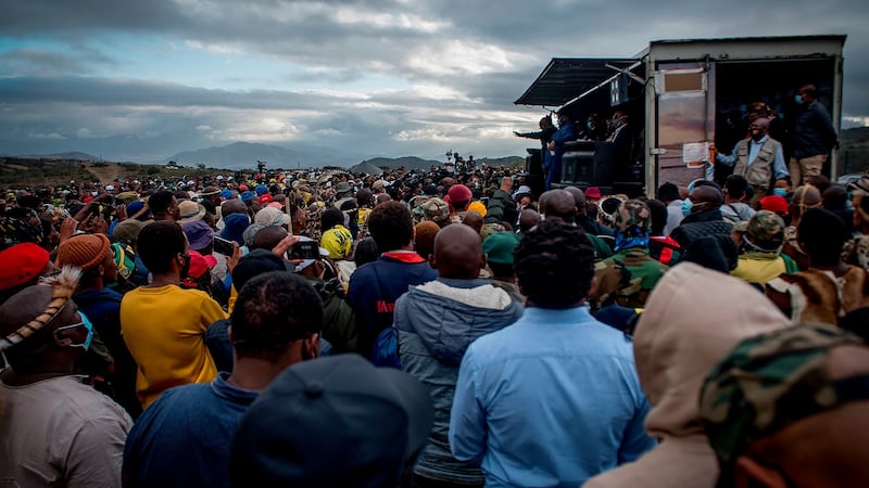 Former president Jacob Zuma addresses his supporters at his home in Nkandla on Sunday. Photo: Shiraaz Mohamed/AP Photo