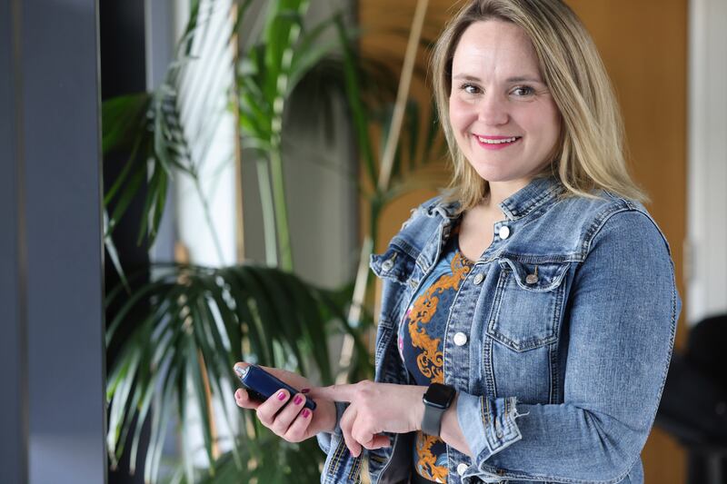 Dr Kate Gajewska, clinical manager for advocacy and research at Diabetes Ireland, with a wearable system that incorporates a continuous glucose monitor with an automated insulin pump