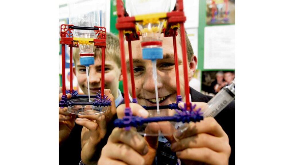 The Young Scientist winners from 2009, Liam McCarthy and John D O'Callaghan from Kinsale Community School, pictured with their project on testing for somatic cell count and its importance in milk production during last year's exhibition.
