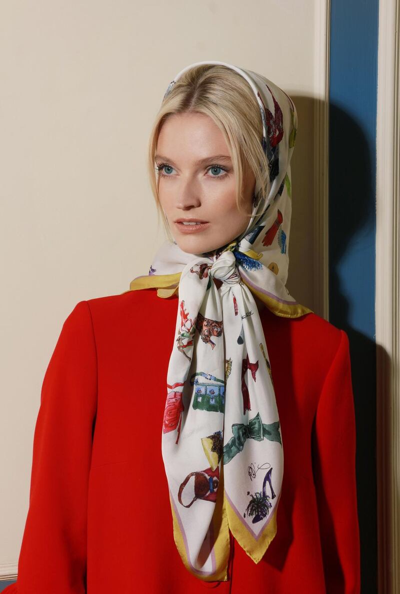 Silk scarf with Peter O’Brien drawings, €85; red coat, €370