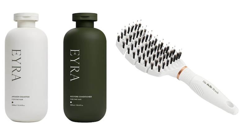 Eyra Awaken Shampoo and Restore Conditioner (€34 and €38 from eyrahair.com) and The Baby Belle Mini Detangler Brush (€22.50 from thebellebrush.com)