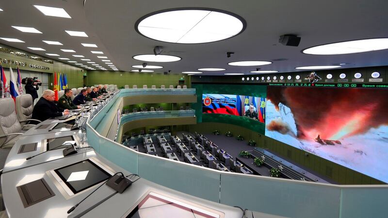 Top officials oversee the test launch of the Avangard hypersonic missile from the defence ministry’s control room in Moscow. Photograph: Mikhail Klimentyev, Sputnik, Kremlin Pool/via AP