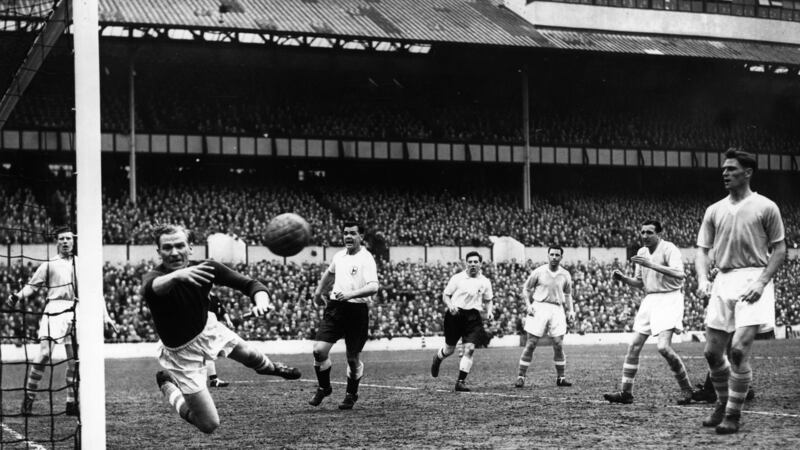 Manchester City’s German goalkeeper (once a German prisoner of war in Britain)  saves a shot  during a game against Tottenham Hotspur  at White Hart Lane in 1956. Photograph:  Ron Burton/Keystone/Getty Images