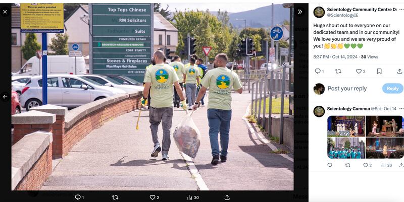 Screenshot of X post by the Scientology Community Centre Dublin about volunteers working in the community. Photograph: Scientology Community Centre Dublin/X