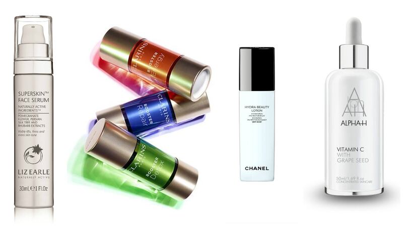 Liz Earle Superskin Face Serum (€60); Clarins Booster Repair (€39; Chanel Le Lift Serum Hydra Beauty Lotion Very Moist (€47.50); Alpha H Vitamin C with Grape Seed (€63)