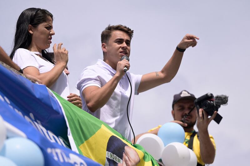 Nikolas Ferreira delivers a speech to his supporters. Photograph: Douglas Magno/AFP via Getty Images