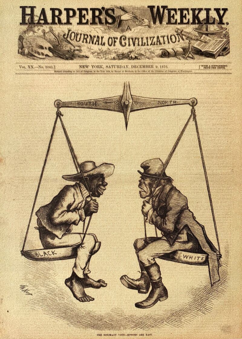 Thomas Nast - The Ignorant Vote - Honors are Easy.  A cartoon that uses stereotypes of both an Irish figure and an African American figure in 1876